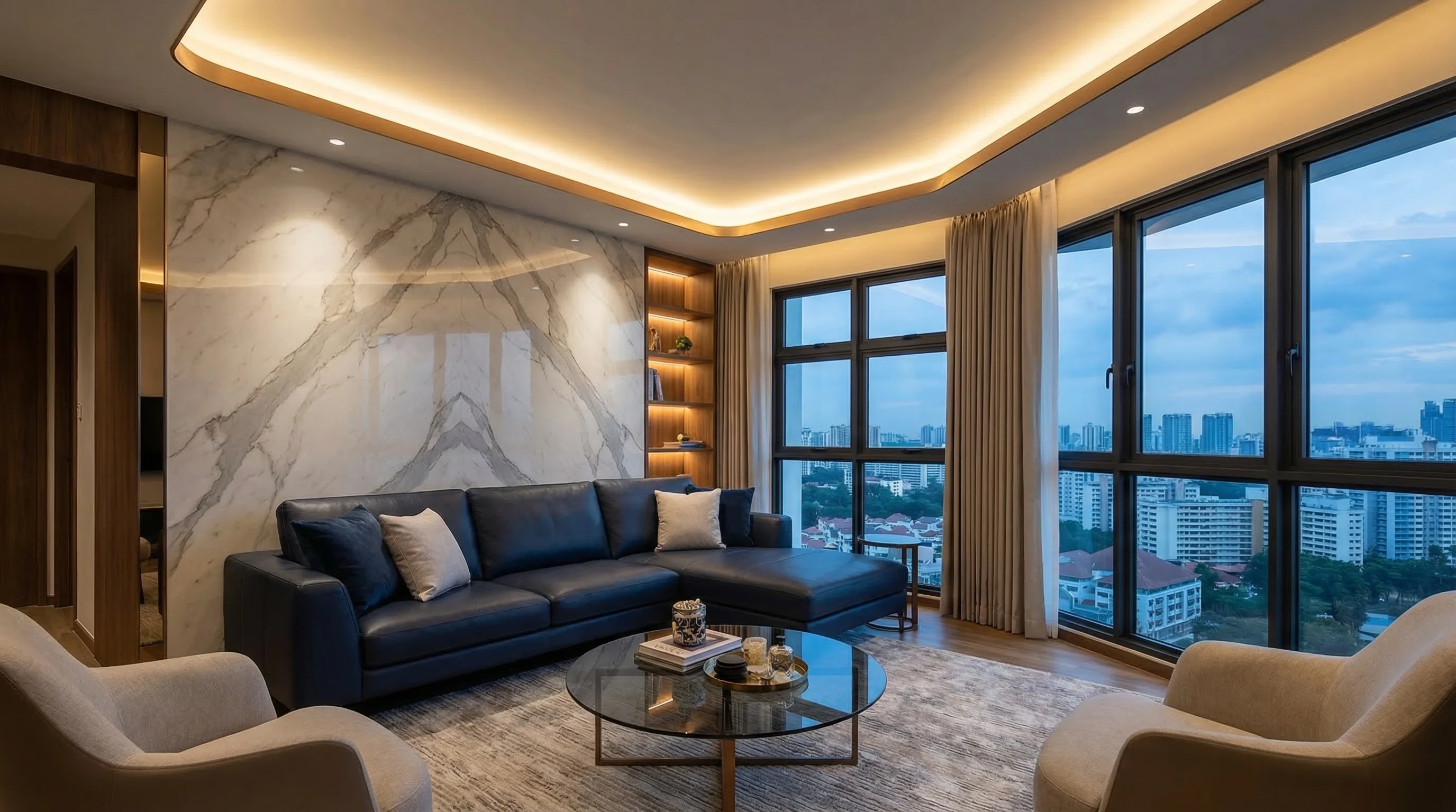 Bishan Ridges premium living room with marble feature wall and deep blue accents
