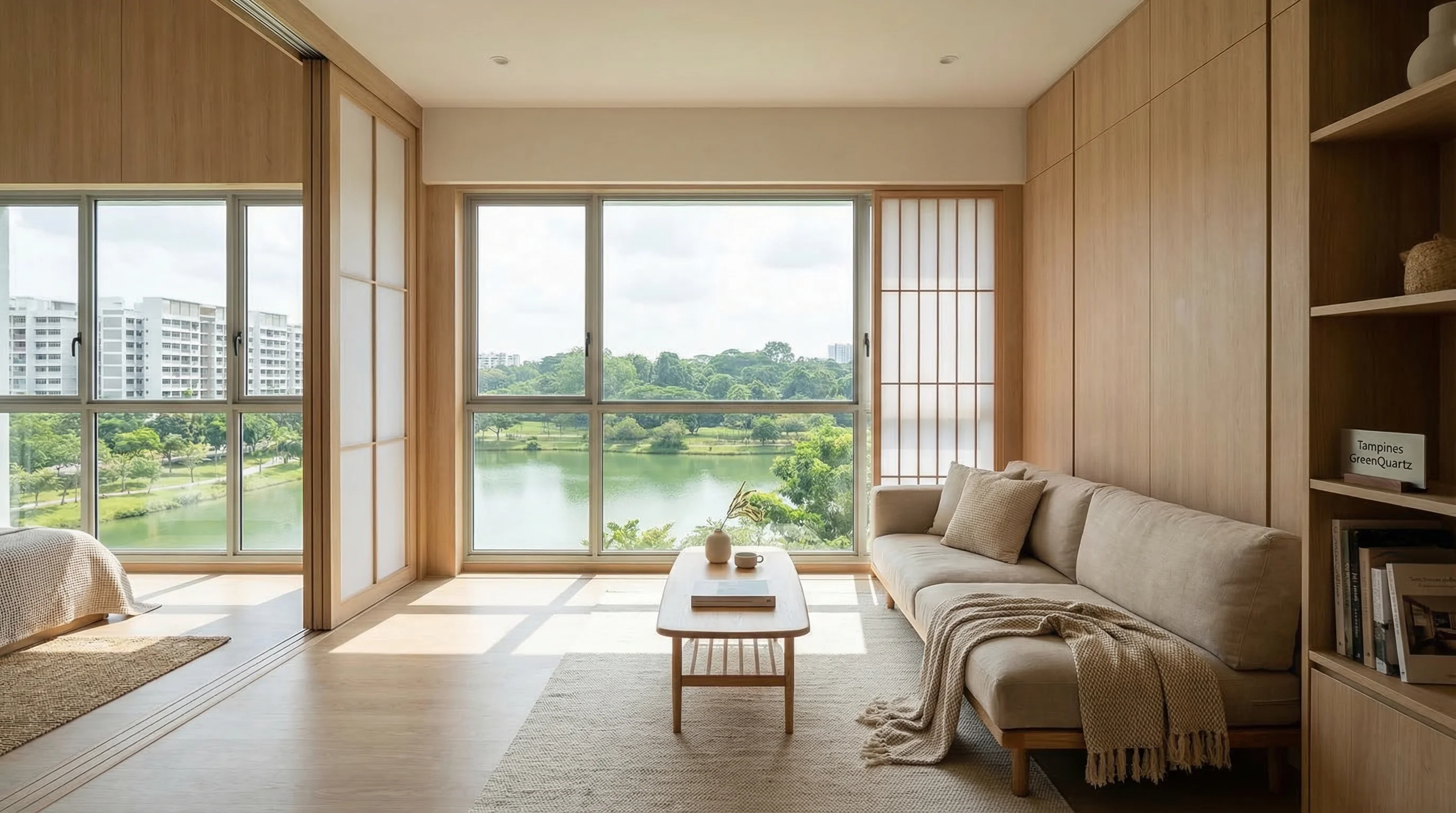 Tampines GreenQuartz living room with Japandi fusion style and reservoir views