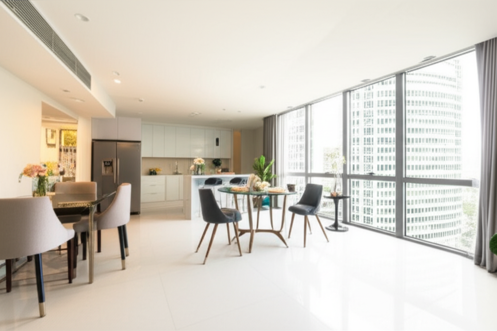Professional photograph of a contemporary condo interior in Singapore. Bright lighting. Modern composition. Stylish ambiance. No text or logos.