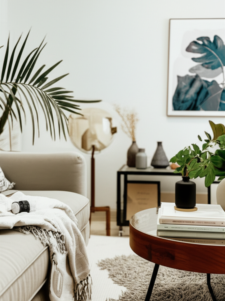 Professional photograph of affordable decor items in a Singapore condo. Soft lighting. Cozy composition. Inviting feel. No text or logos.