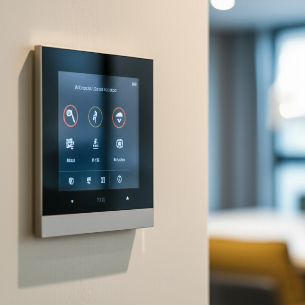 Professional photograph of a home automation control panel in a Singapore condo. Bright lighting. Close-up view. Technological feel. No text or logos.