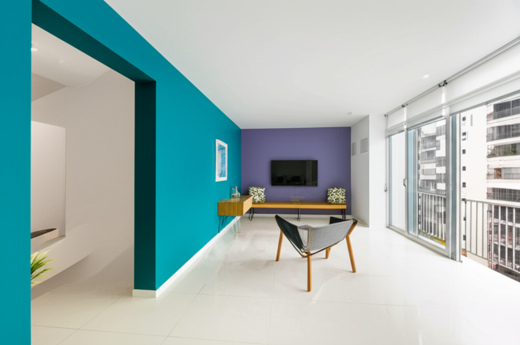 Professional photograph of a trendy color scheme in a Singapore condo. Natural lighting. Wide composition. Vibrant ambiance. No text or logos.