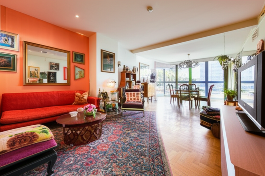 Professional photograph of an eclectic condo interior in Singapore. Mixed lighting. Varied composition. Vibrant feel. No text or logos.