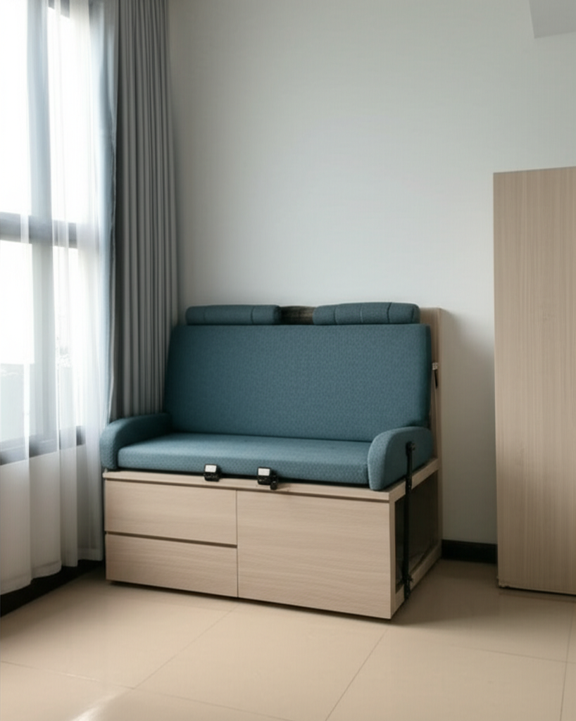 Professional photograph of a multi-functional furniture piece in a Singapore condo. Soft lighting. Practical composition. Versatile mood. No text or logos.