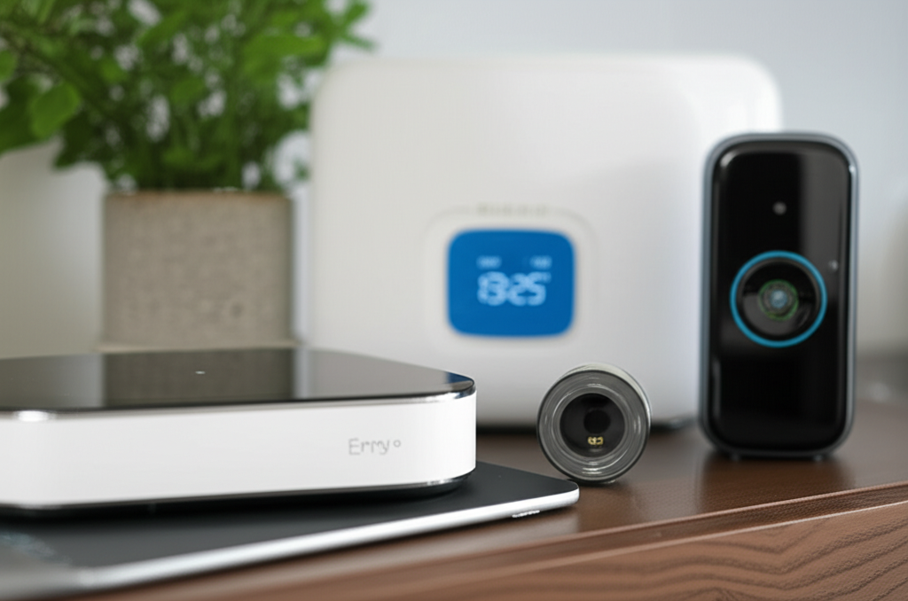 Professional photograph of energy-efficient smart devices in a Singapore condo. Natural lighting. Close-up view. Eco-friendly vibe. No text or logos.
