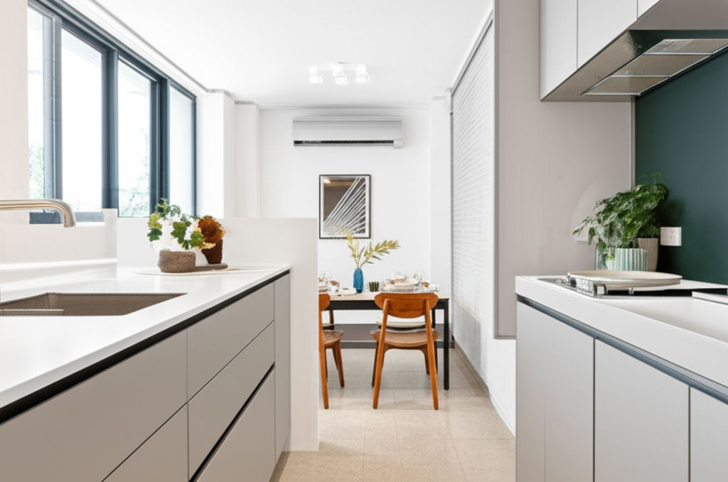 Professional photograph of a small condo in Singapore with trendy interior design. Bright lighting. Compact layout. Modern aesthetic. No text or logos.