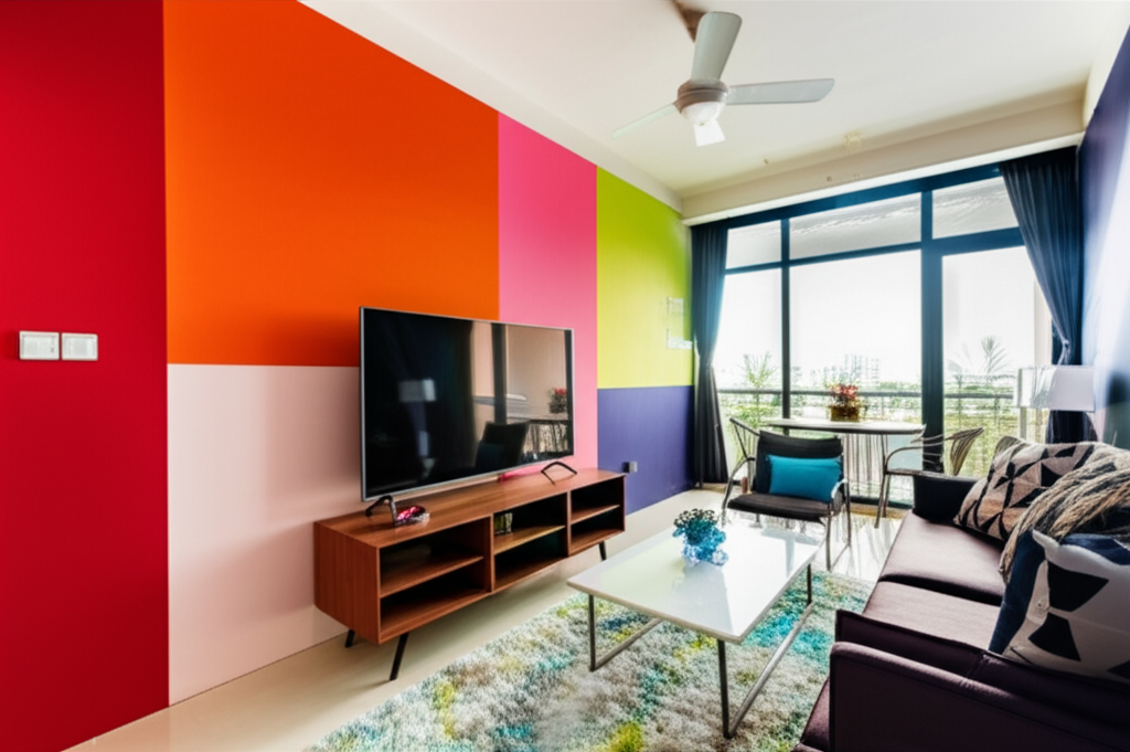 Professional photograph of a condo interior in Singapore with a colorful accent wall. Even lighting. Horizontal angle. Vibrant mood. No text or logos.