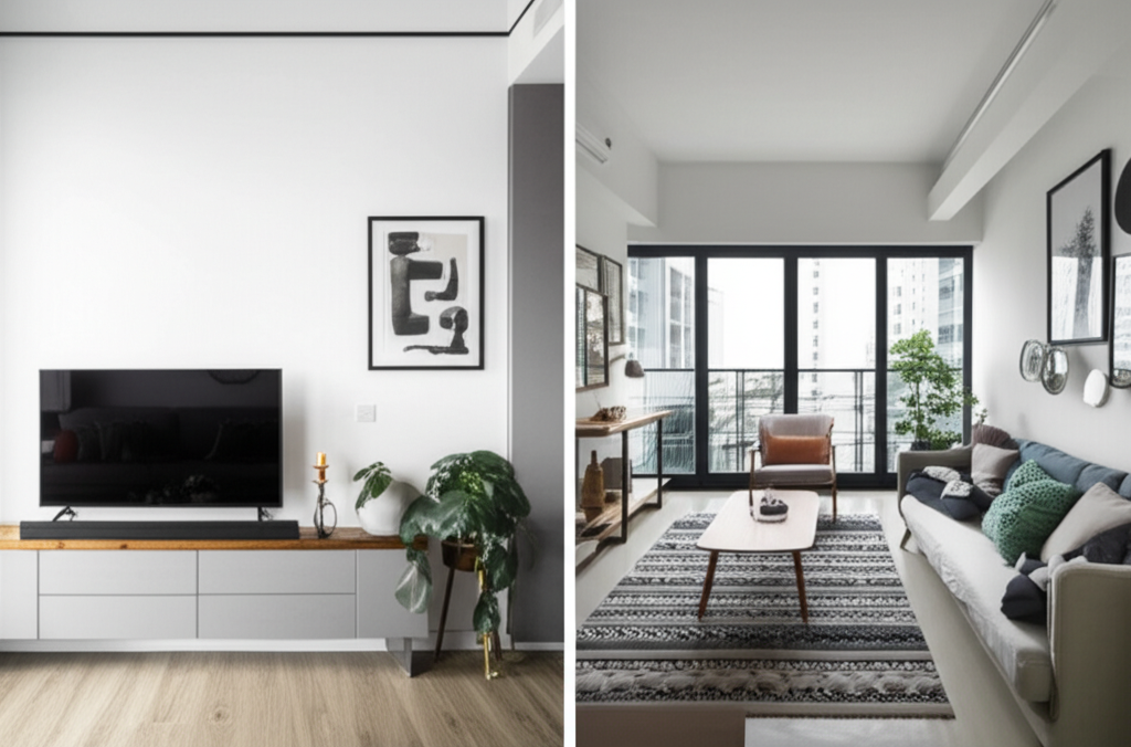 Professional photograph comparing different interior design options in a Singapore condo. Bright lighting. Comparative composition. Variety-focused mood. No text or logos.