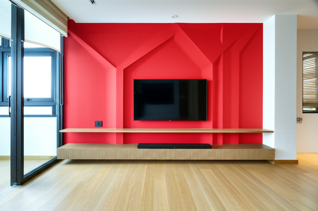 Professional photograph of a condo with a striking accent wall in Singapore. Vivid lighting. Focused shot. Dramatic focus. No text or logos.