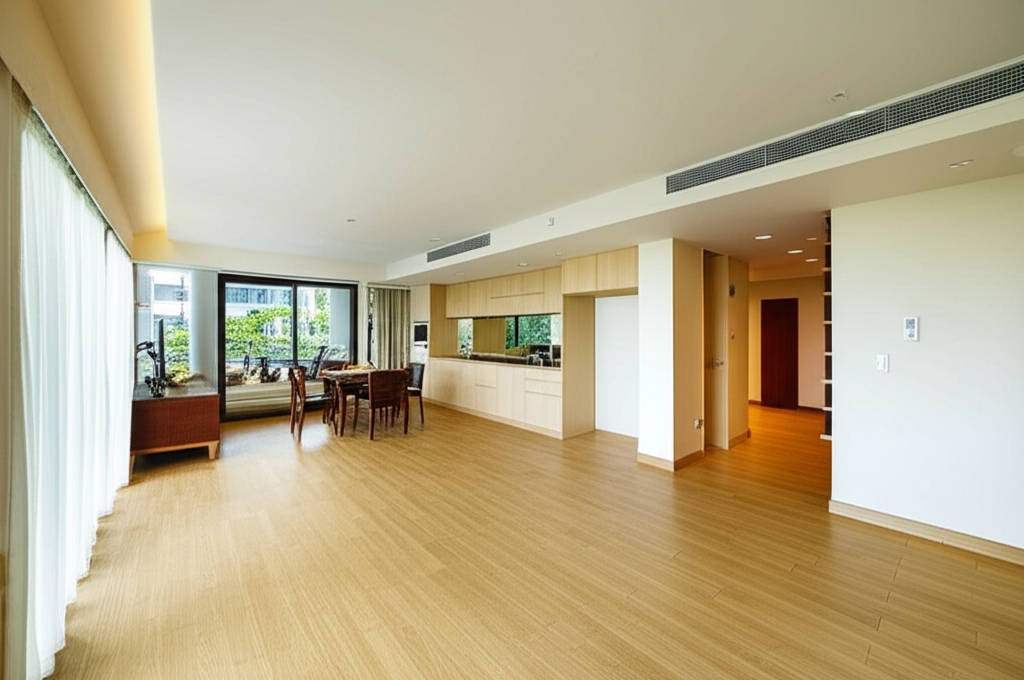 Professional photograph of a sustainable condo interior in Singapore using eco-friendly materials. Daylight. Wide-angle view. Natural atmosphere. No text or logos.