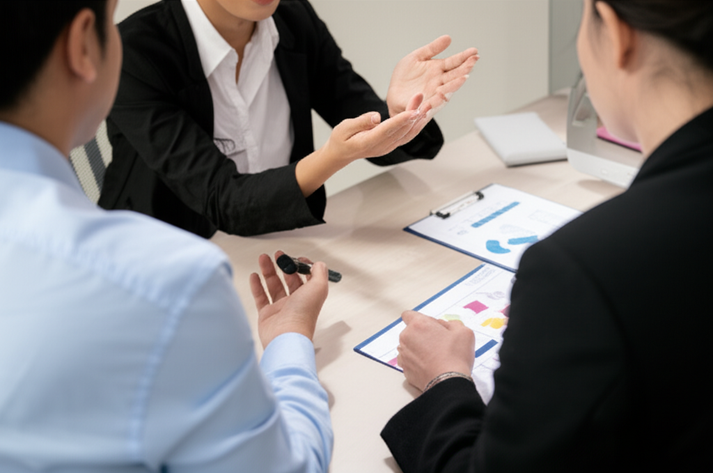 Professional photograph of an interior designer consultation in Singapore. Natural lighting. Mid-shot view. Collaborative vibe. No text or logos.