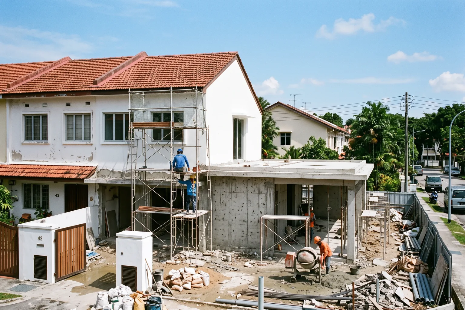 Singapore landed house mid A&A works, existing structure retained beside a new extension during the approval process