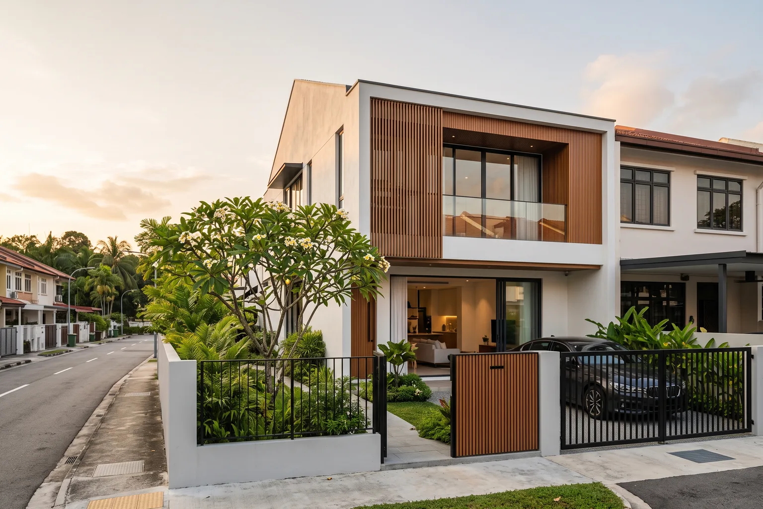 Modern renovated Singapore landed terrace house exterior, illustrating an A&A versus reconstruction decision